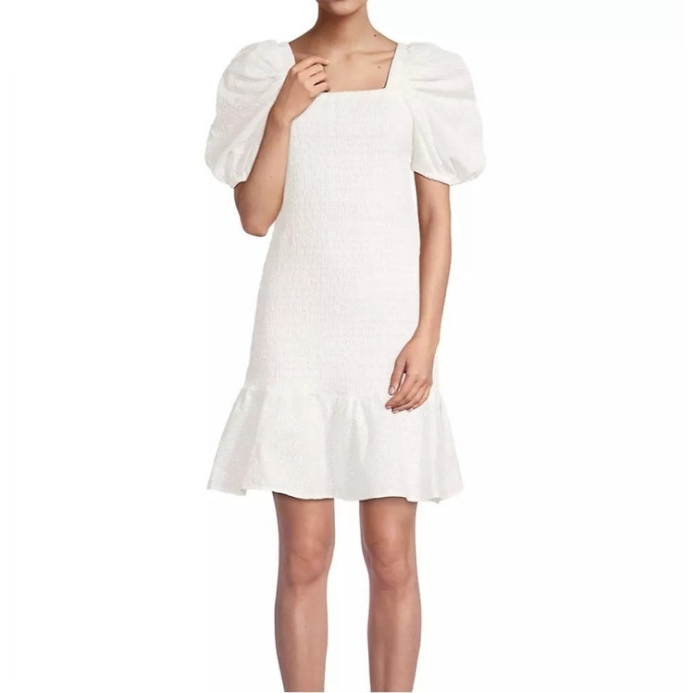 Rachel Parcell 100% Cotton White Smocked Ruffle Pouf Sleeve Mini Dress Medium